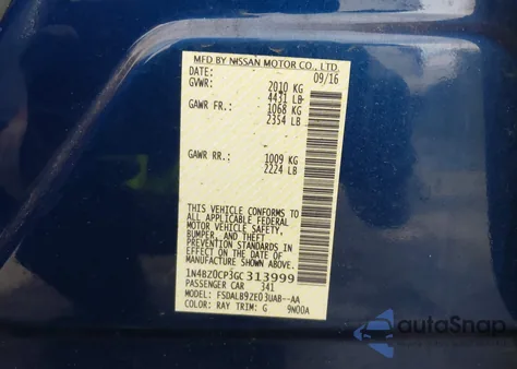 2016 Nissan Leaf S из США, поврежденный, VIN 1N4BZ0CP3GC313999